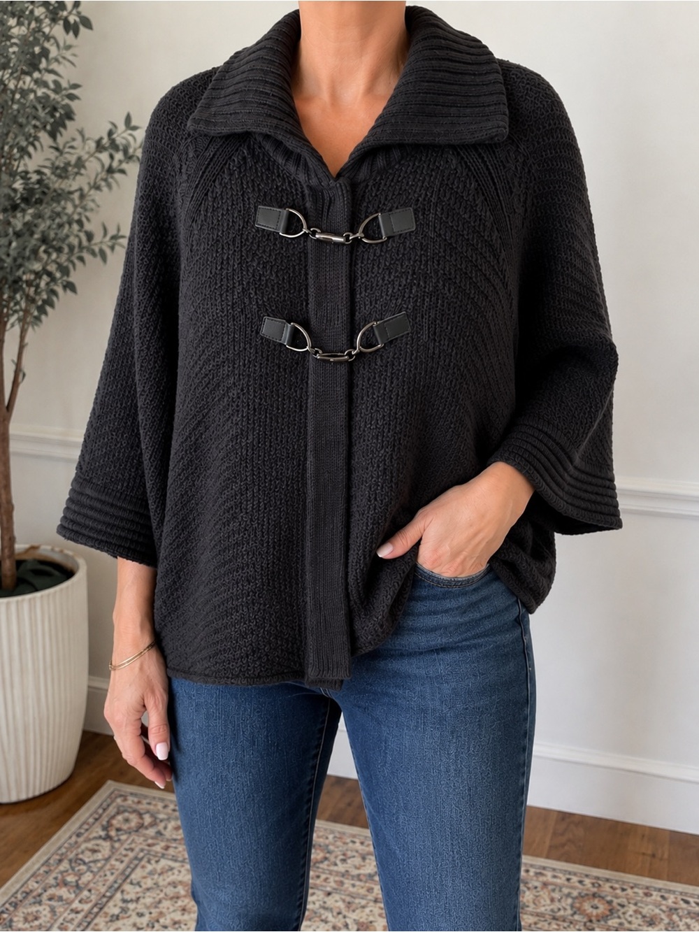 Classic Toggle-Front Women's Sweater Jacket - Black